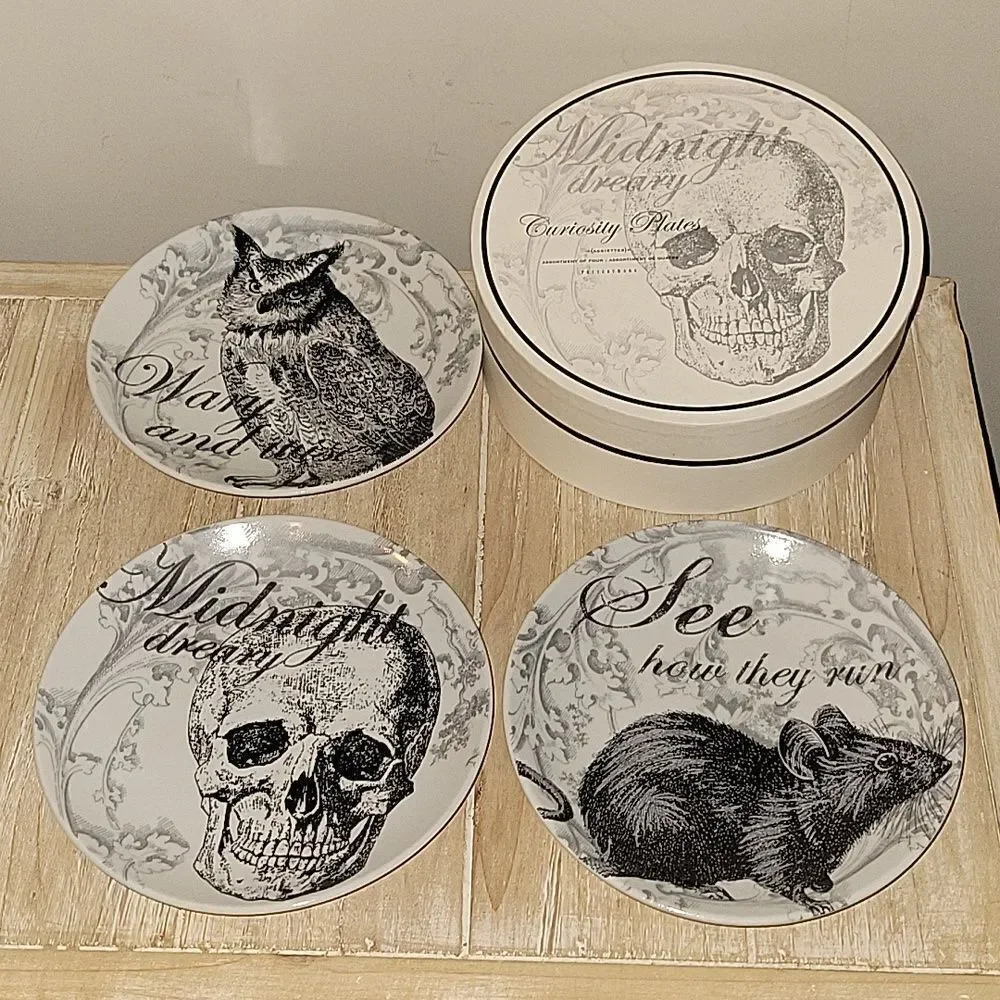 POTTERY BARN Curiosity Plates Midnight Dreary Appetizer SET of 3 6 1/2”